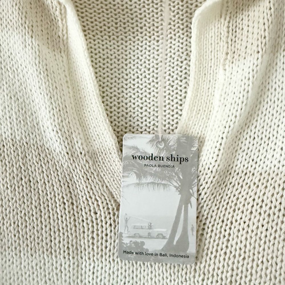 Wooden Ships Loose Knit Short Sleeve V-Neck Sweater in Tan & White Stripe S/M - Picture 5 of 8